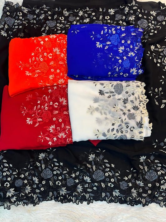 Pure Georgette Saree with Shaded Floral Embroidery