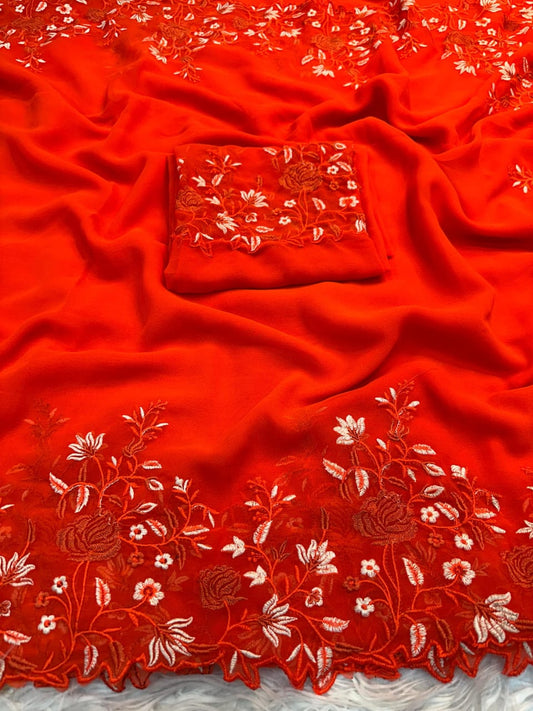 Pure Georgette Saree with Shaded Floral Embroidery