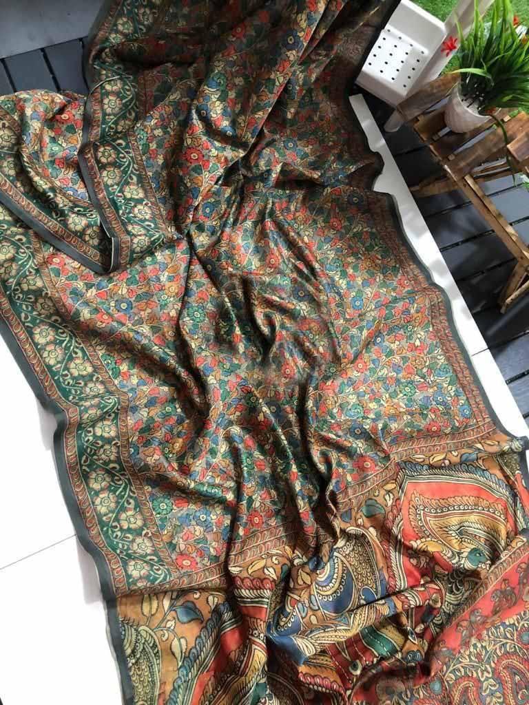 Graceful Linen Digital Print Saree with All-Over Kalamkari Design & Elegant Tassel Detailing