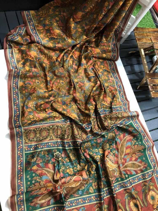 Graceful Linen Digital Print Saree with All-Over Kalamkari Design & Elegant Tassel Detailing