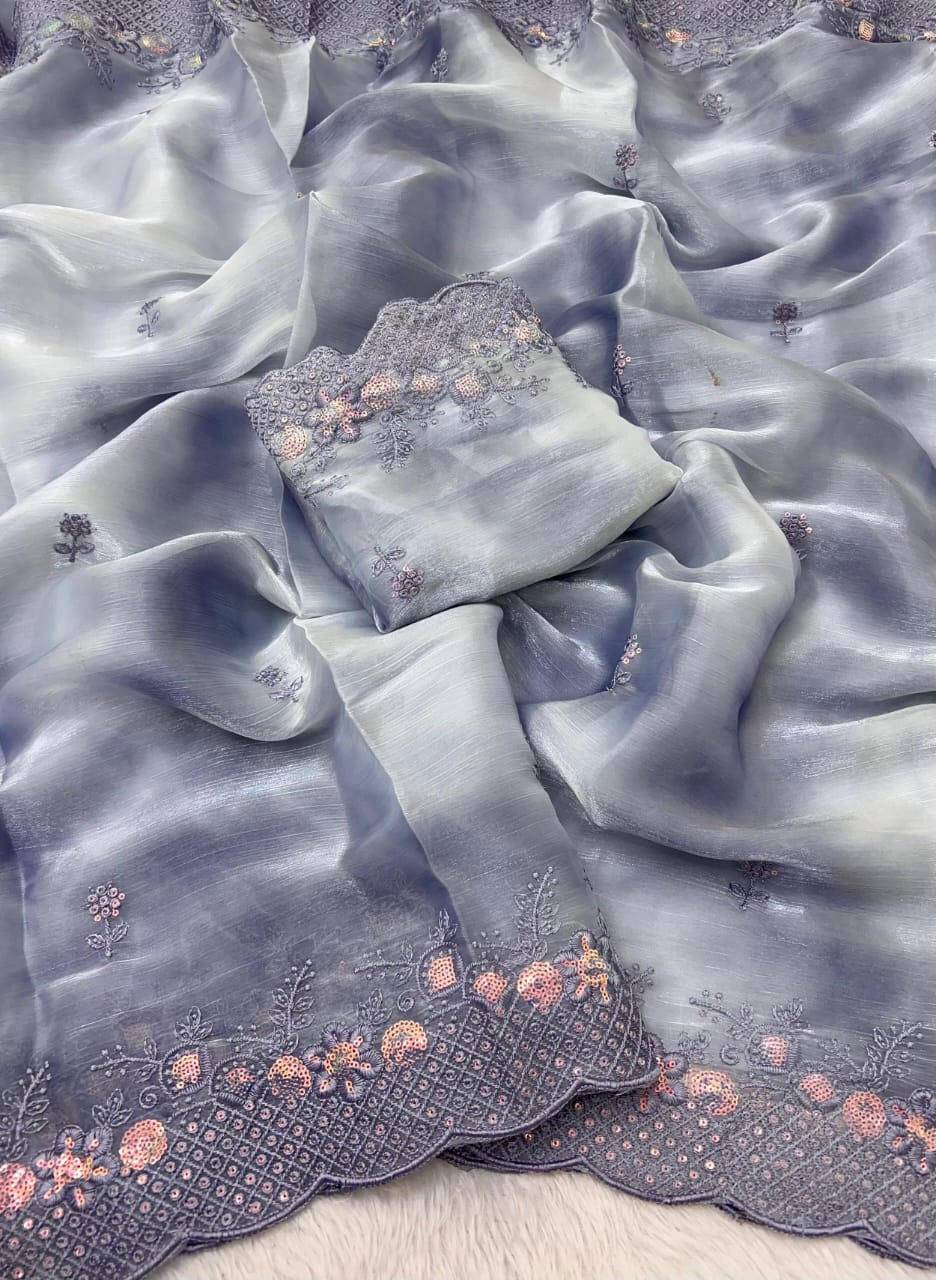 Prizam Burberry Silk Saree with Exquisite Embroidery & Sequins
