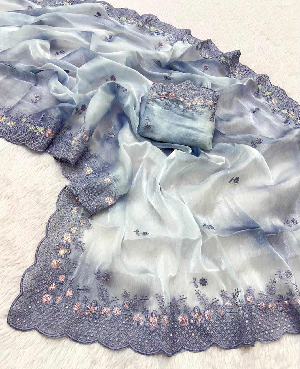 Prizam Burberry Silk Saree with Exquisite Embroidery & Sequins