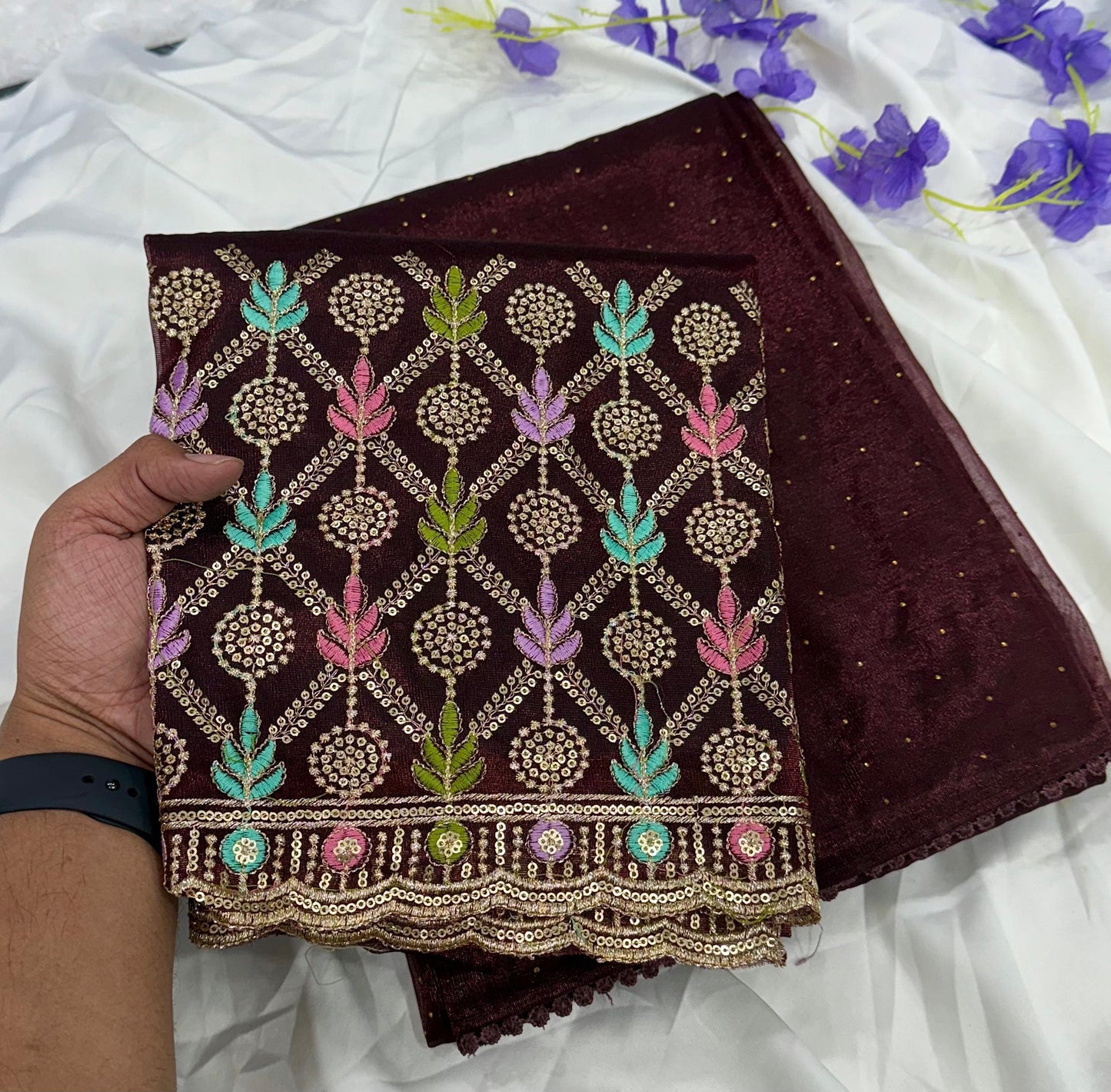 Newly Launched Cranberry Chiffon Saree with Golden Jarkand Diamond Work
