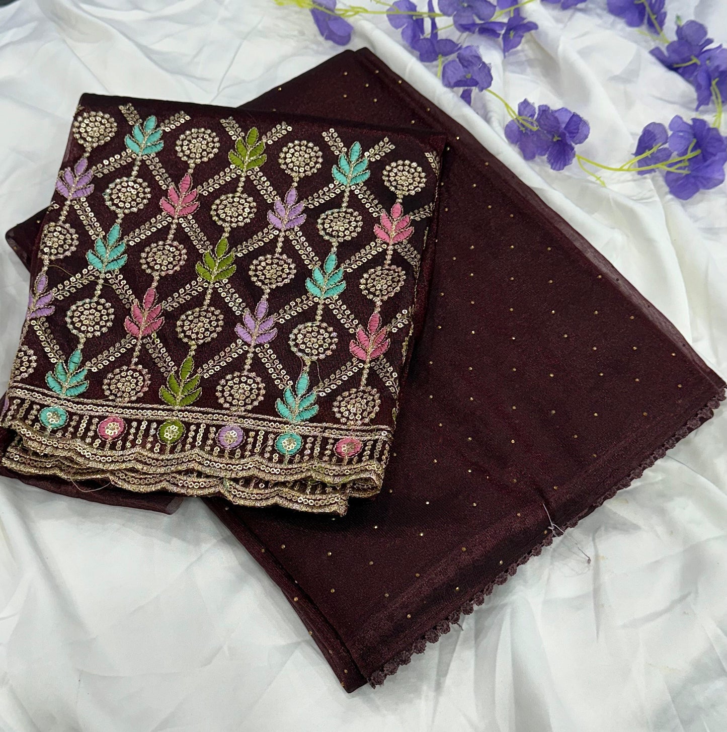 Newly Launched Cranberry Chiffon Saree with Golden Jarkand Diamond Work
