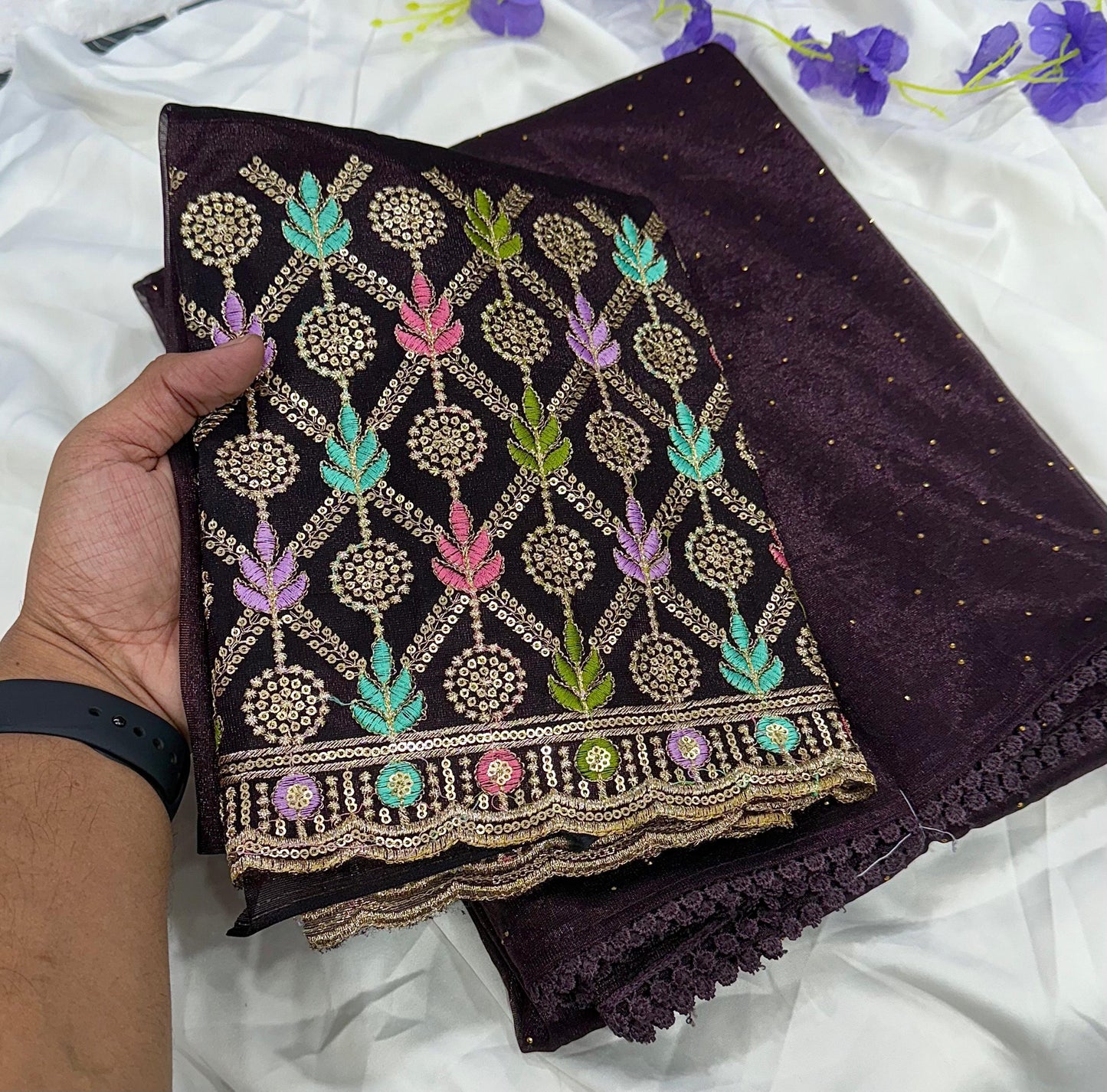 Newly Launched Cranberry Chiffon Saree with Golden Jarkand Diamond Work