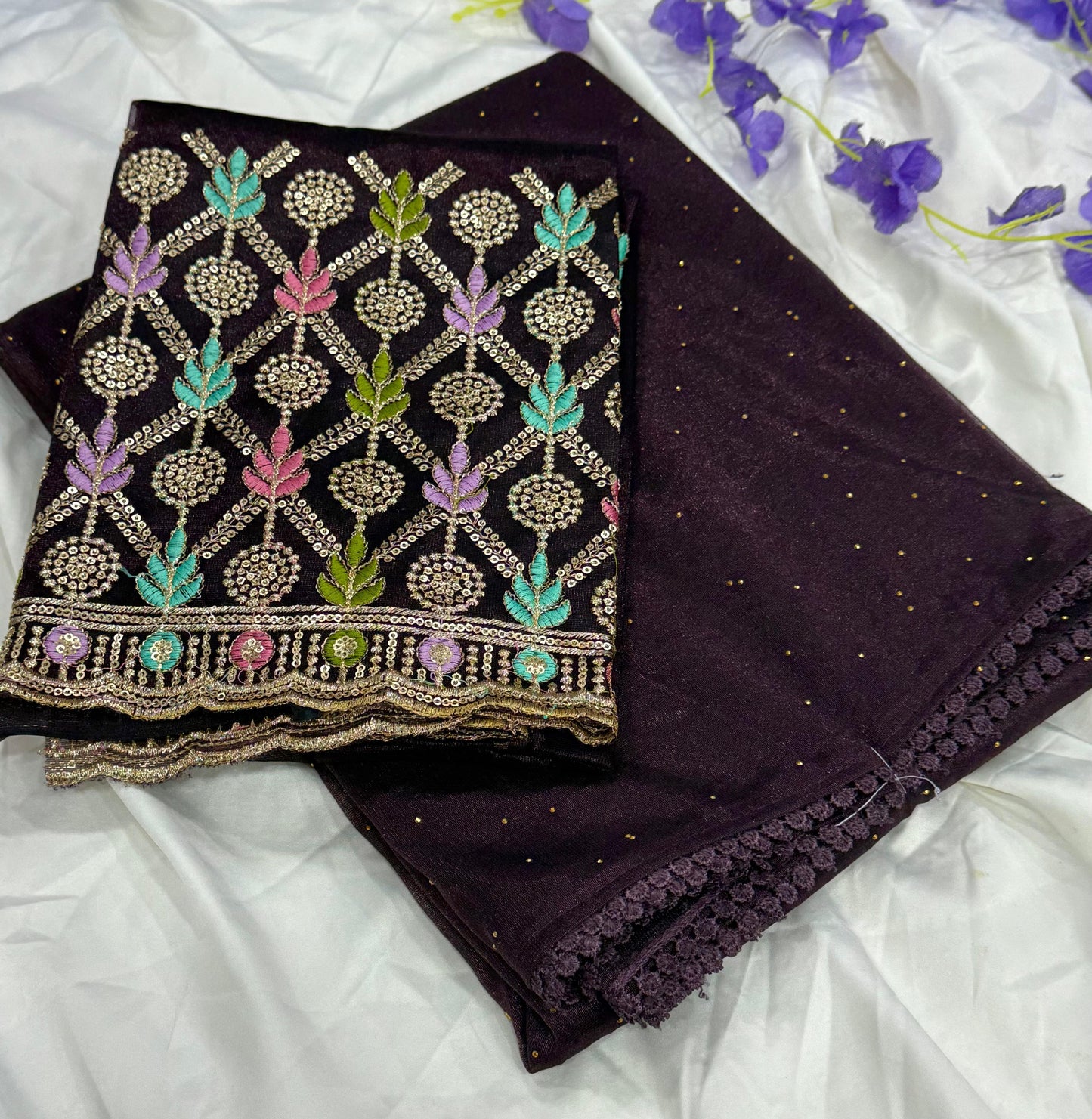Newly Launched Cranberry Chiffon Saree with Golden Jarkand Diamond Work