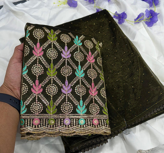 Newly Launched Cranberry Chiffon Saree with Golden Jarkand Diamond Work