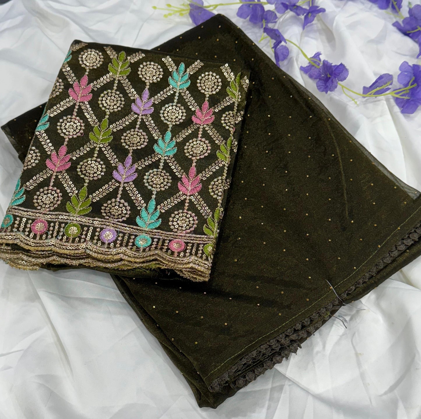 Newly Launched Cranberry Chiffon Saree with Golden Jarkand Diamond Work