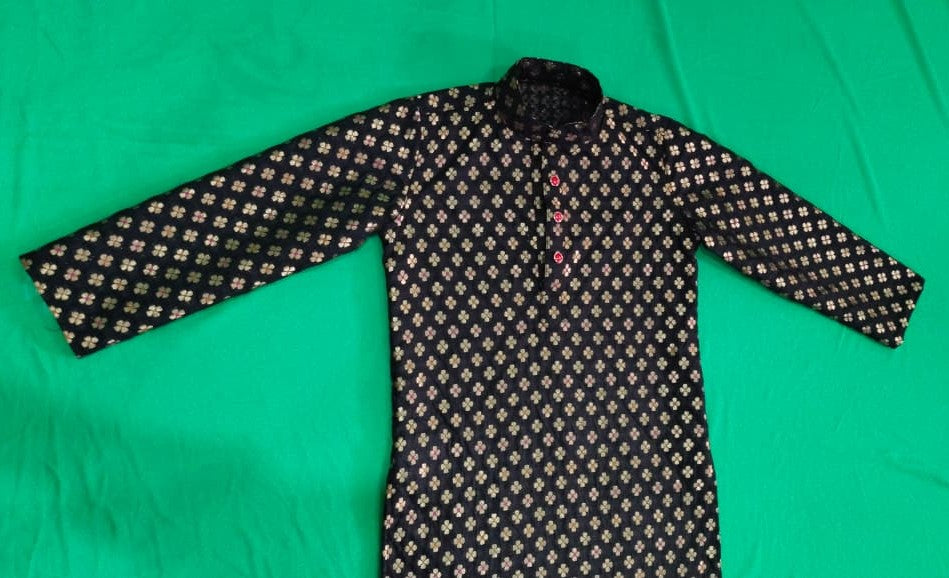 Elegant Black Kurta with White Crape Pyjama – Expertly Tailored for Boys