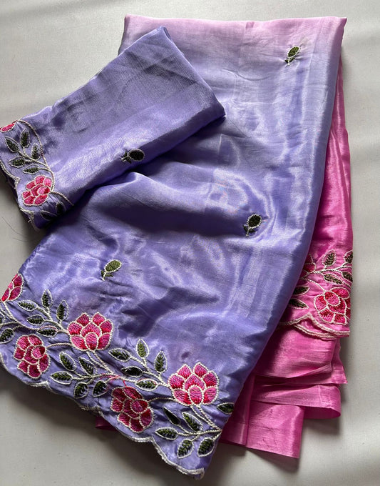 Premium Soft Chinon Saree with Heavy Embroidery & Zari Work