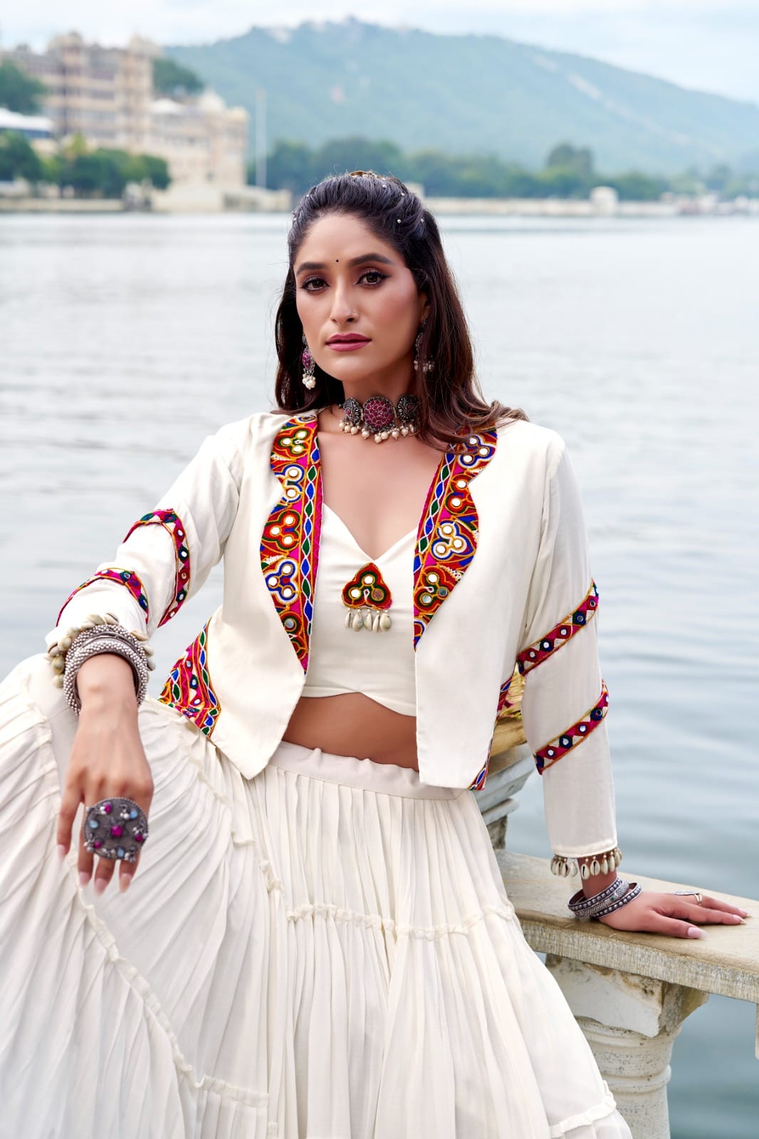 Navratri Special Pure Rayon Lehenga Set with Mirror Gamthi Work & Cowrie Lace
