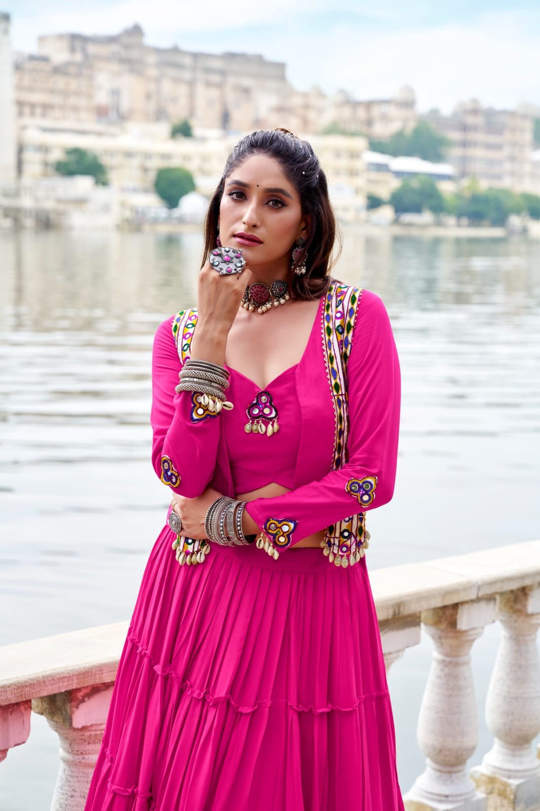 Navratri Special Pure Rayon Lehenga Set with Mirror Gamthi Work & Cowrie Lace