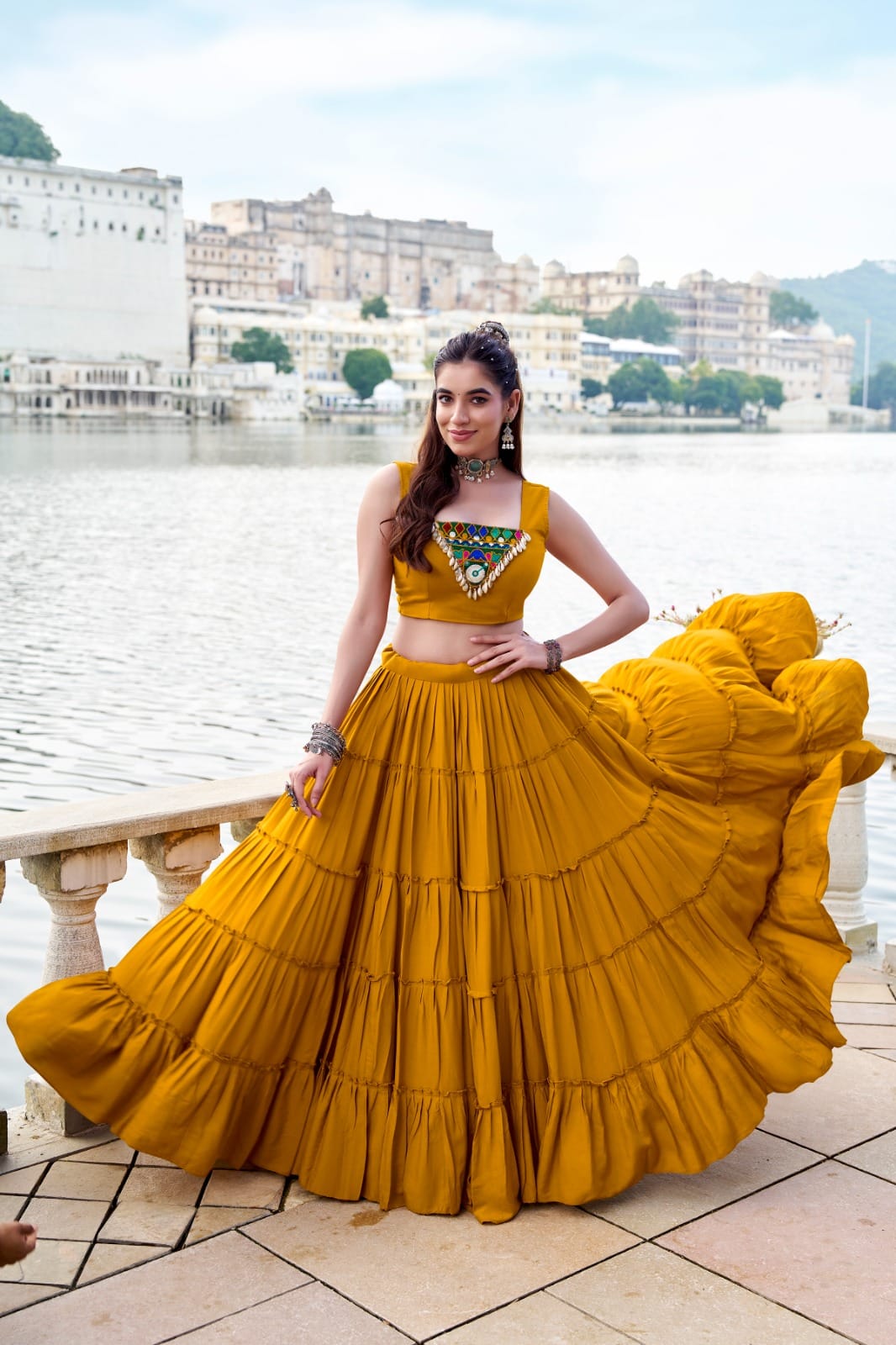 Navratri Special Pure Rayon Lehenga Set with Mirror Gamthi Work & Cowrie Lace