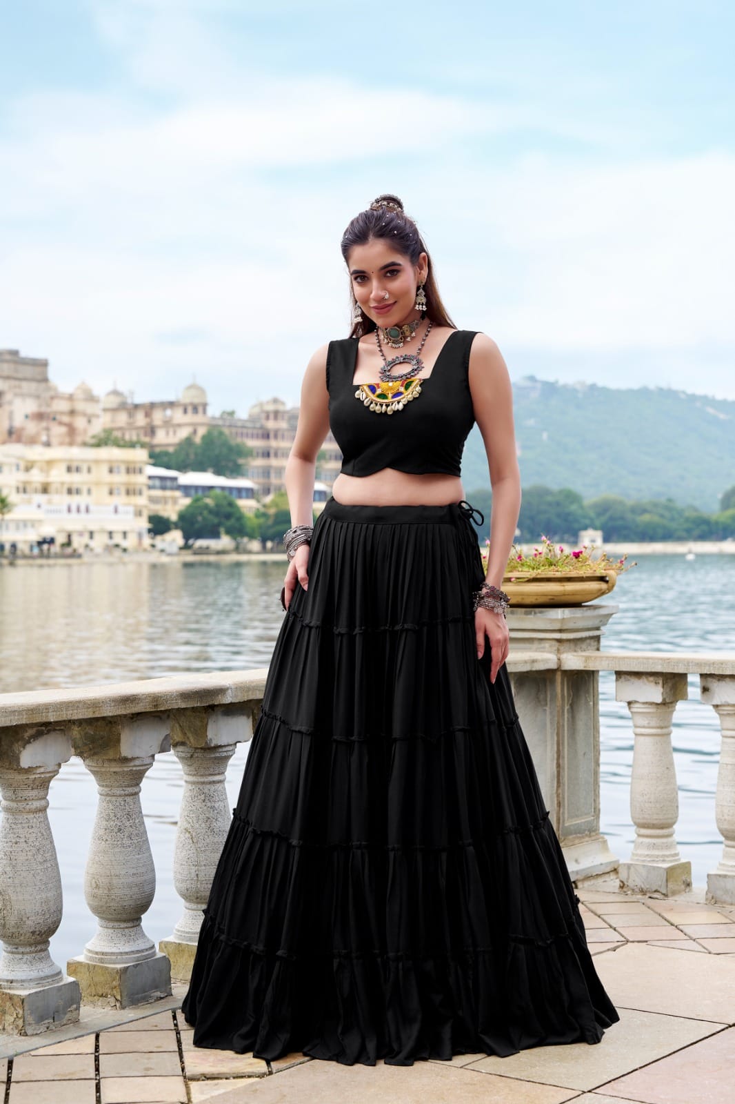 Navratri Special Pure Rayon Lehenga Set with Mirror Gamthi Work & Cowrie Lace