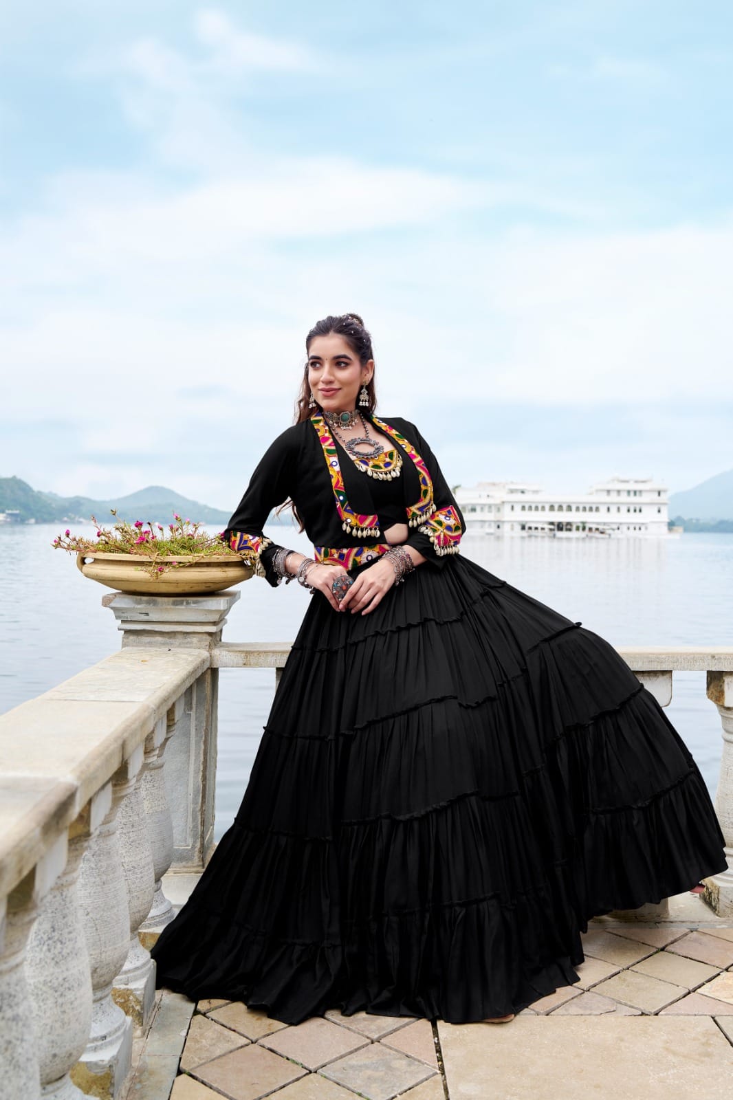 Navratri Special Pure Rayon Lehenga Set with Mirror Gamthi Work & Cowrie Lace
