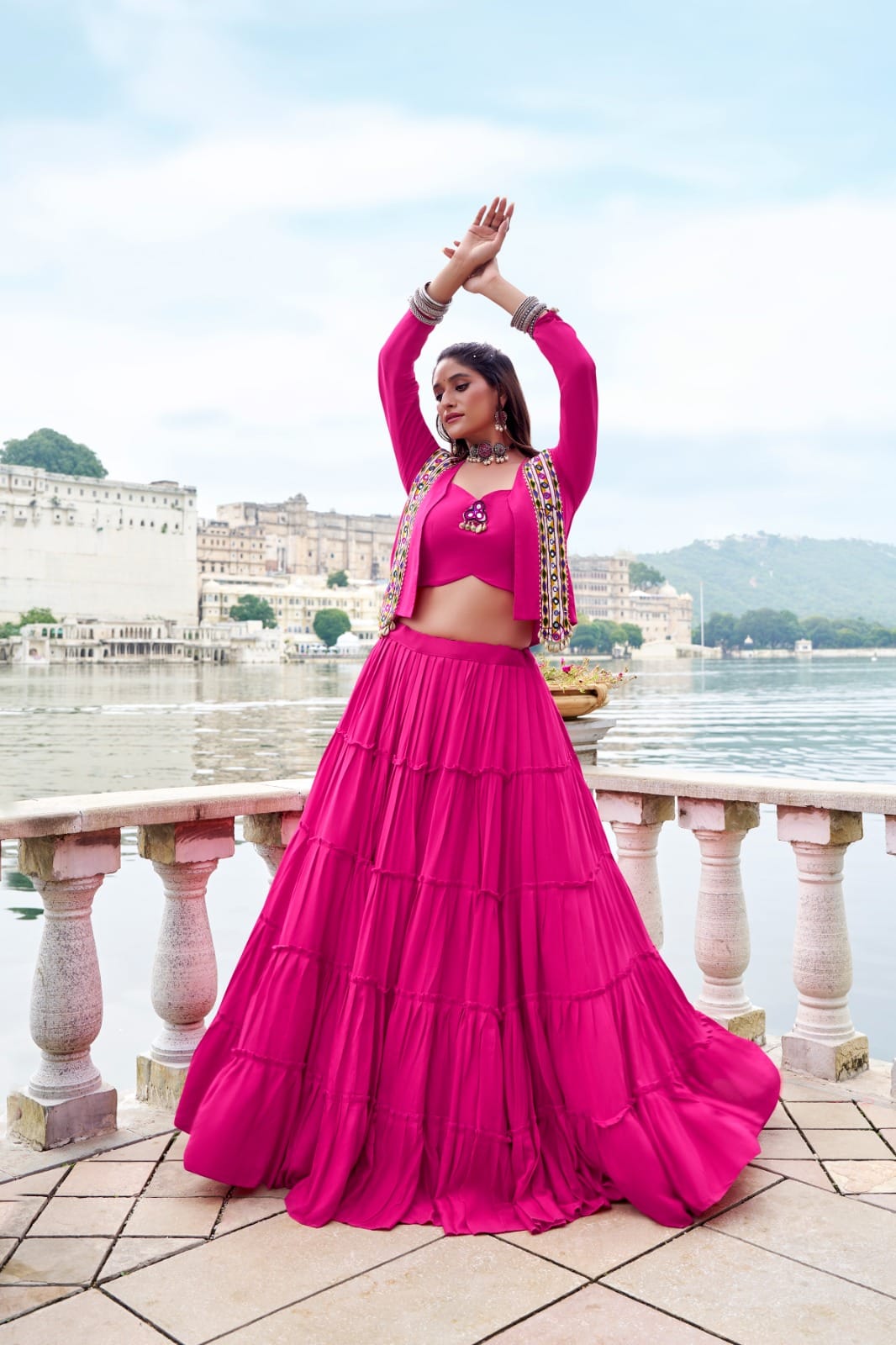 Navratri Special Pure Rayon Lehenga Set with Mirror Gamthi Work & Cowrie Lace