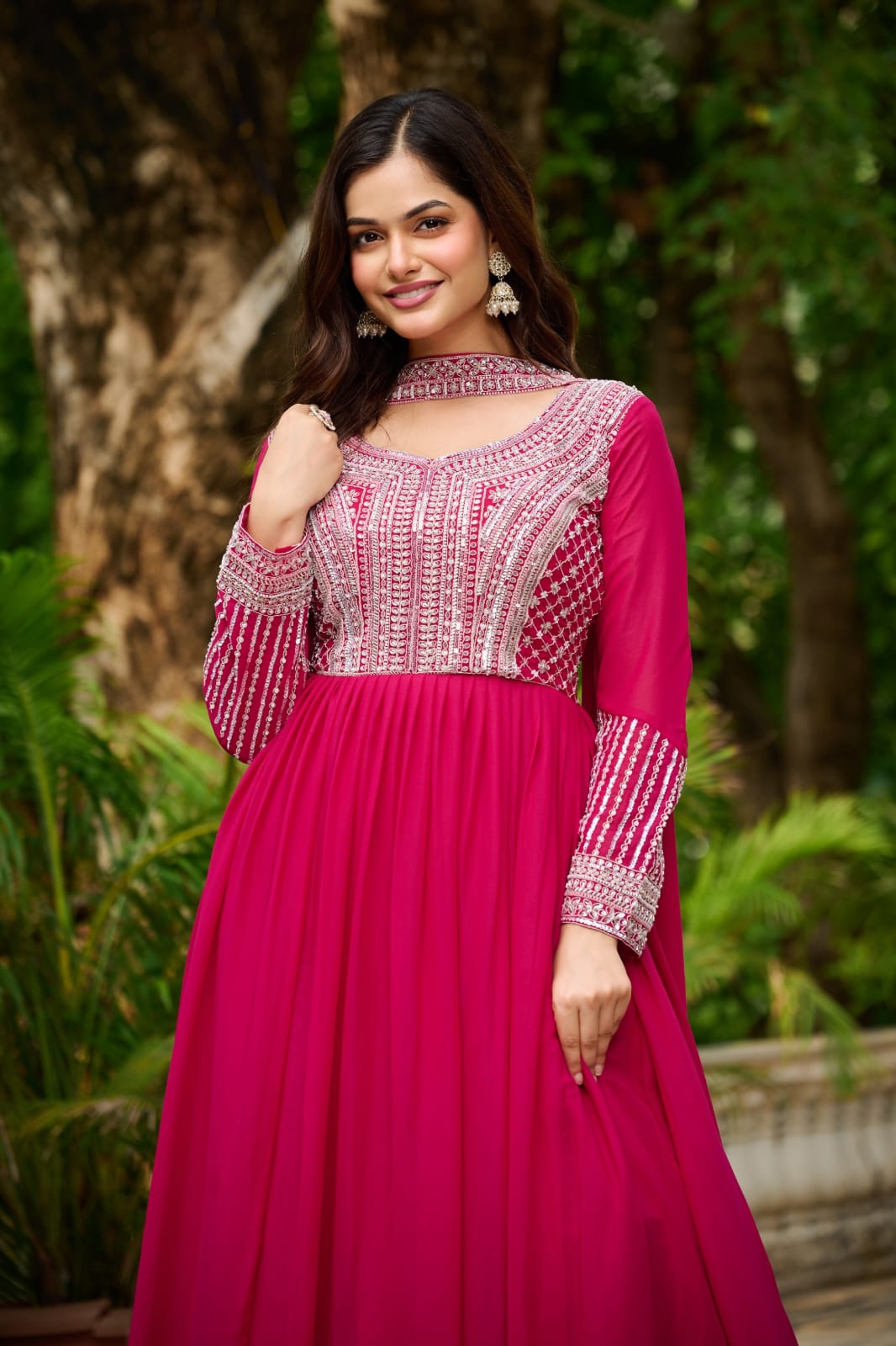 Elegant Star Georgette Embroidered Gown with Dupatta – Beads & Sequins Work | Party & Wedding Wear