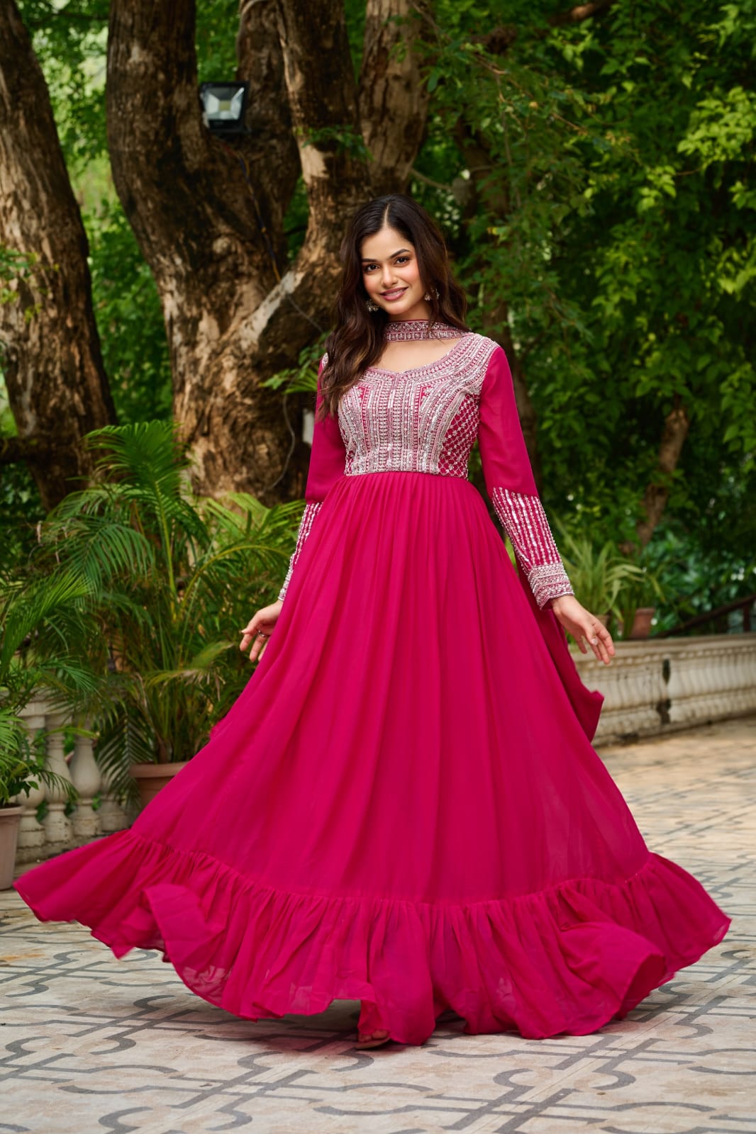 Elegant Star Georgette Embroidered Gown with Dupatta – Beads & Sequins Work | Party & Wedding Wear