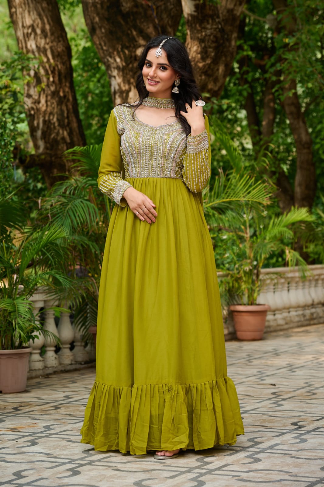 Elegant Star Georgette Embroidered Gown with Dupatta – Beads & Sequins Work | Party & Wedding Wear