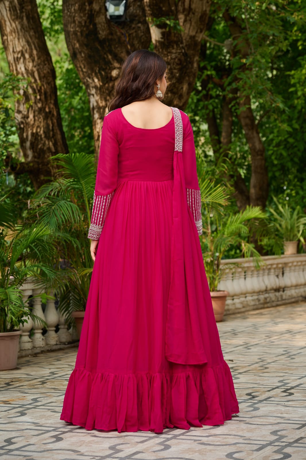 Elegant Star Georgette Embroidered Gown with Dupatta – Beads & Sequins Work | Party & Wedding Wear