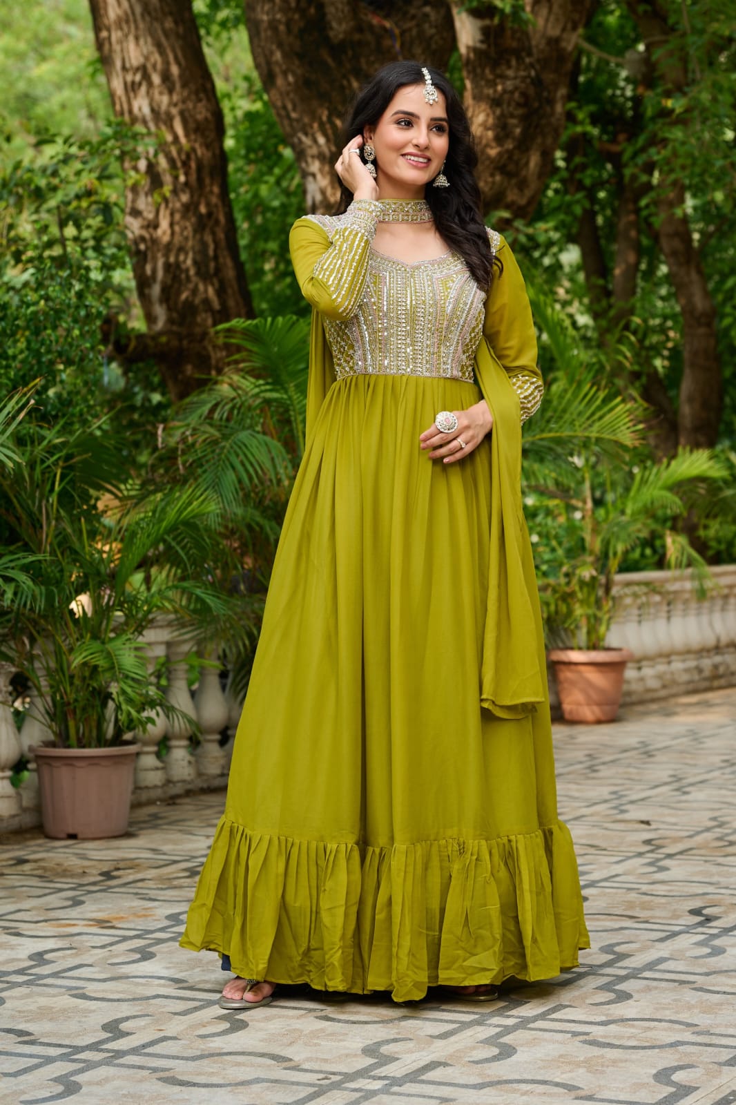 Elegant Star Georgette Embroidered Gown with Dupatta – Beads & Sequins Work | Party & Wedding Wear