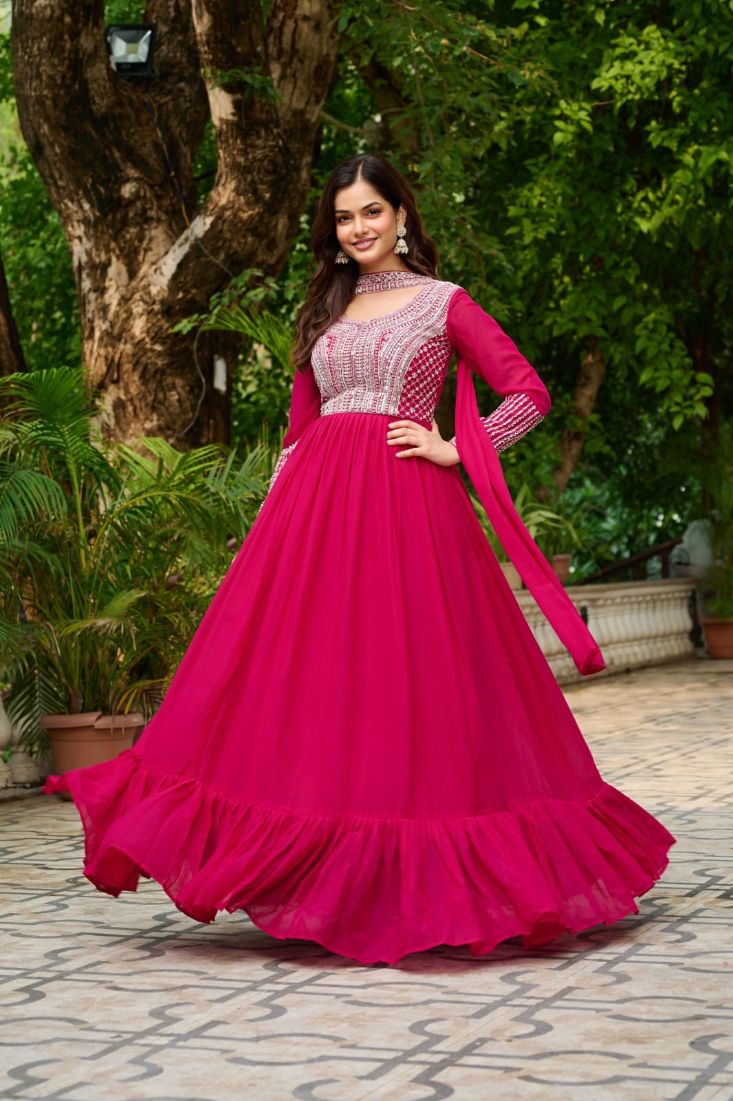 Elegant Star Georgette Embroidered Gown with Dupatta – Beads & Sequins Work | Party & Wedding Wear