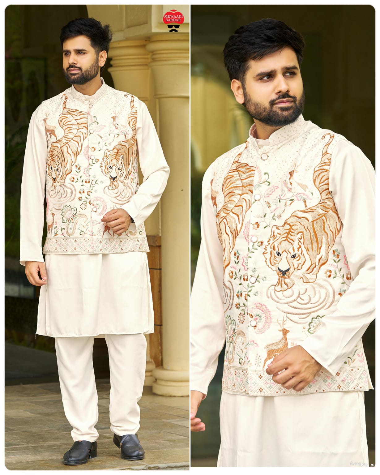 Ready-to-Wear Malai Satin Kurta Koti Pyjama Set with Heavy Embroidered Jacket