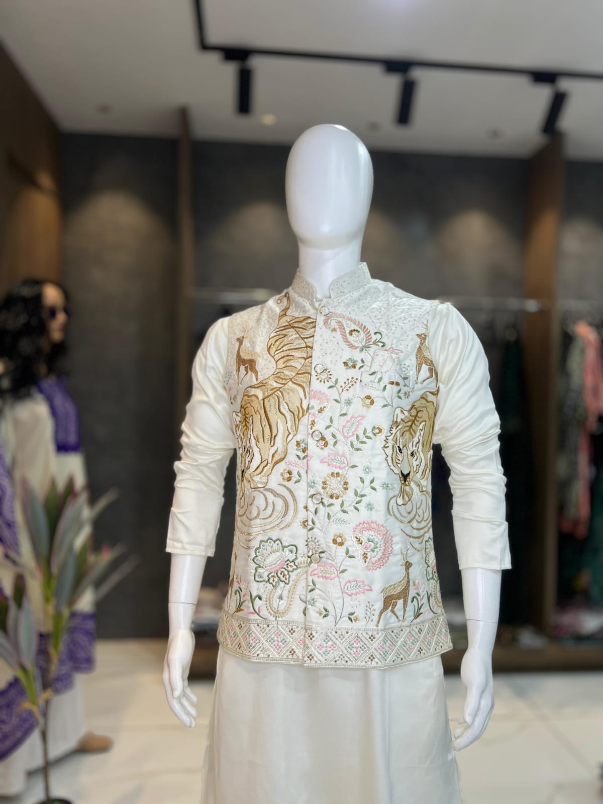 Ready-to-Wear Malai Satin Kurta Koti Pyjama Set with Heavy Embroidered Jacket