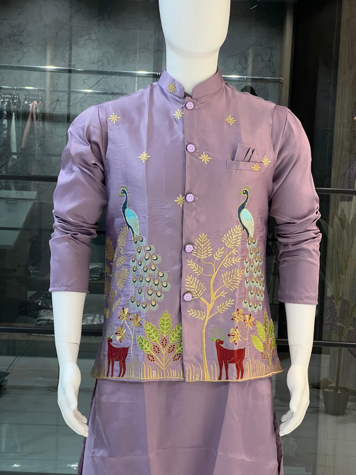 Ready-to-Wear Malai Satin Kurta Koti Pyjama Set with Heavy Embroidered Jacket