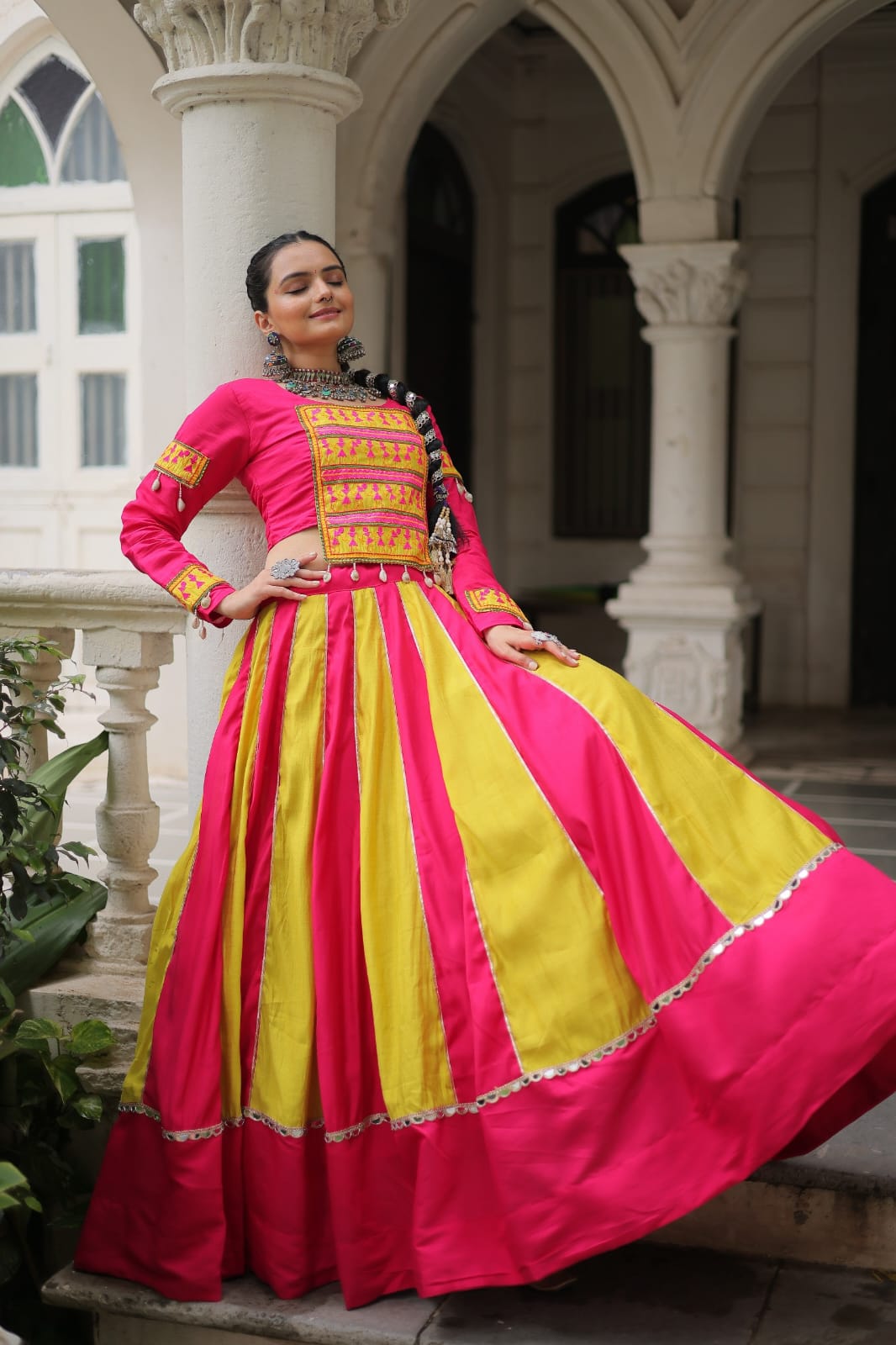 Regal Radiance: Mirror Lace Lehenga with Gamthi Embroidered Top