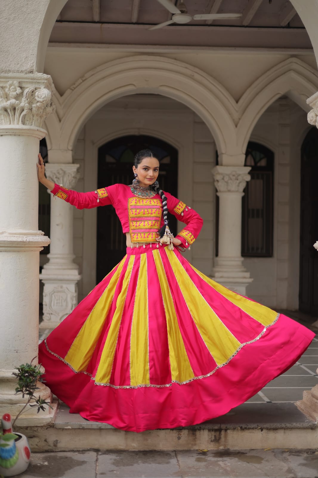 Regal Radiance: Mirror Lace Lehenga with Gamthi Embroidered Top