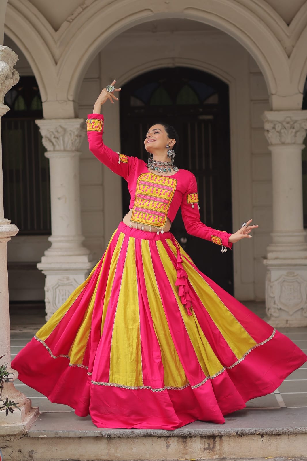 Regal Radiance: Mirror Lace Lehenga with Gamthi Embroidered Top