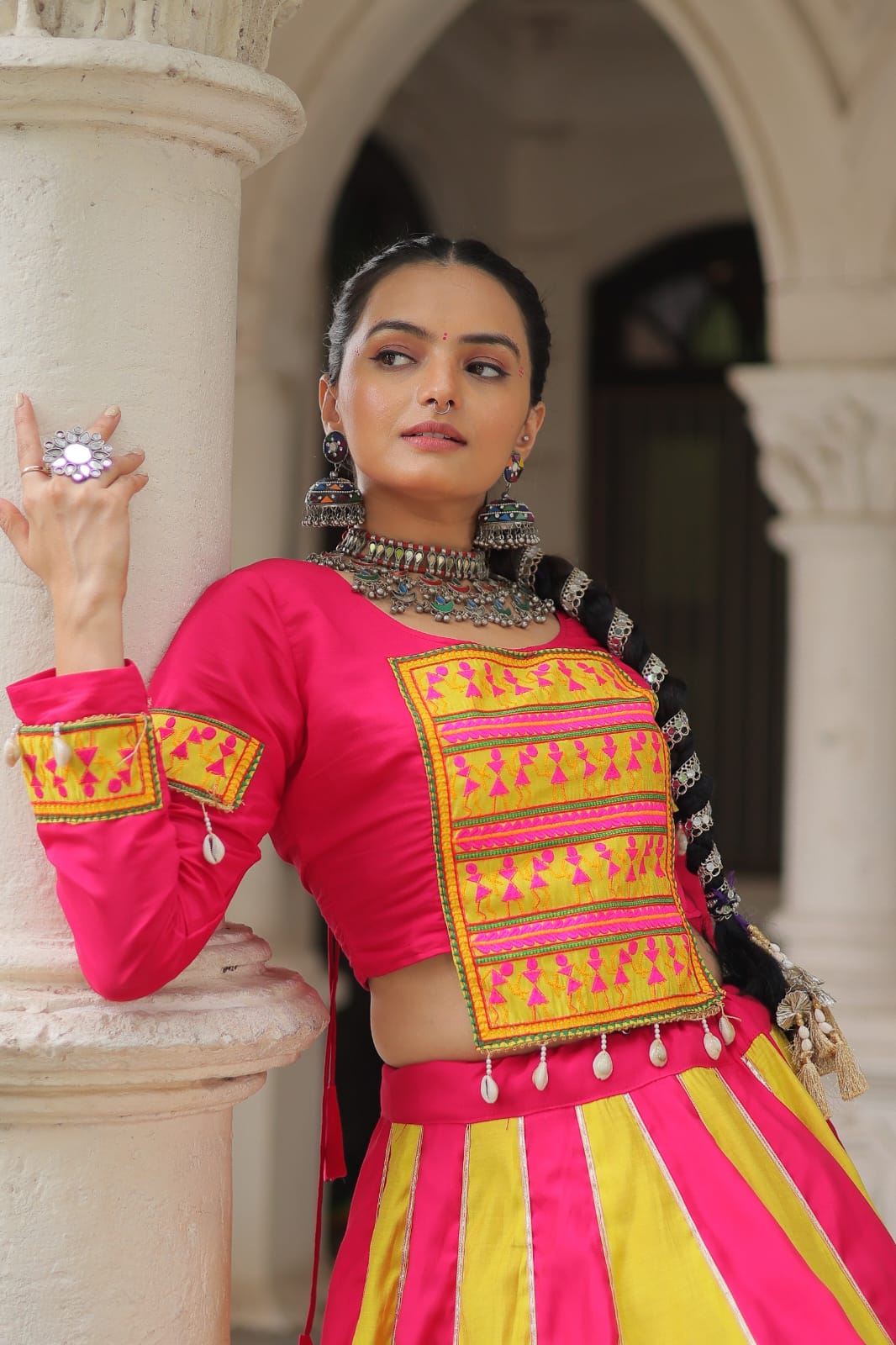 Regal Radiance: Mirror Lace Lehenga with Gamthi Embroidered Top