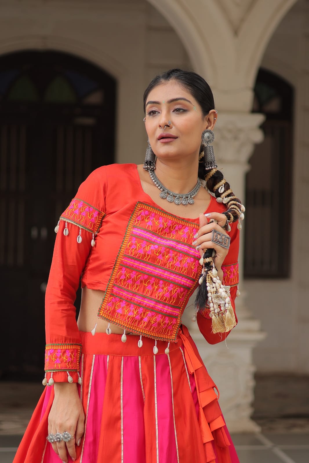 Regal Radiance: Mirror Lace Lehenga with Gamthi Embroidered Top