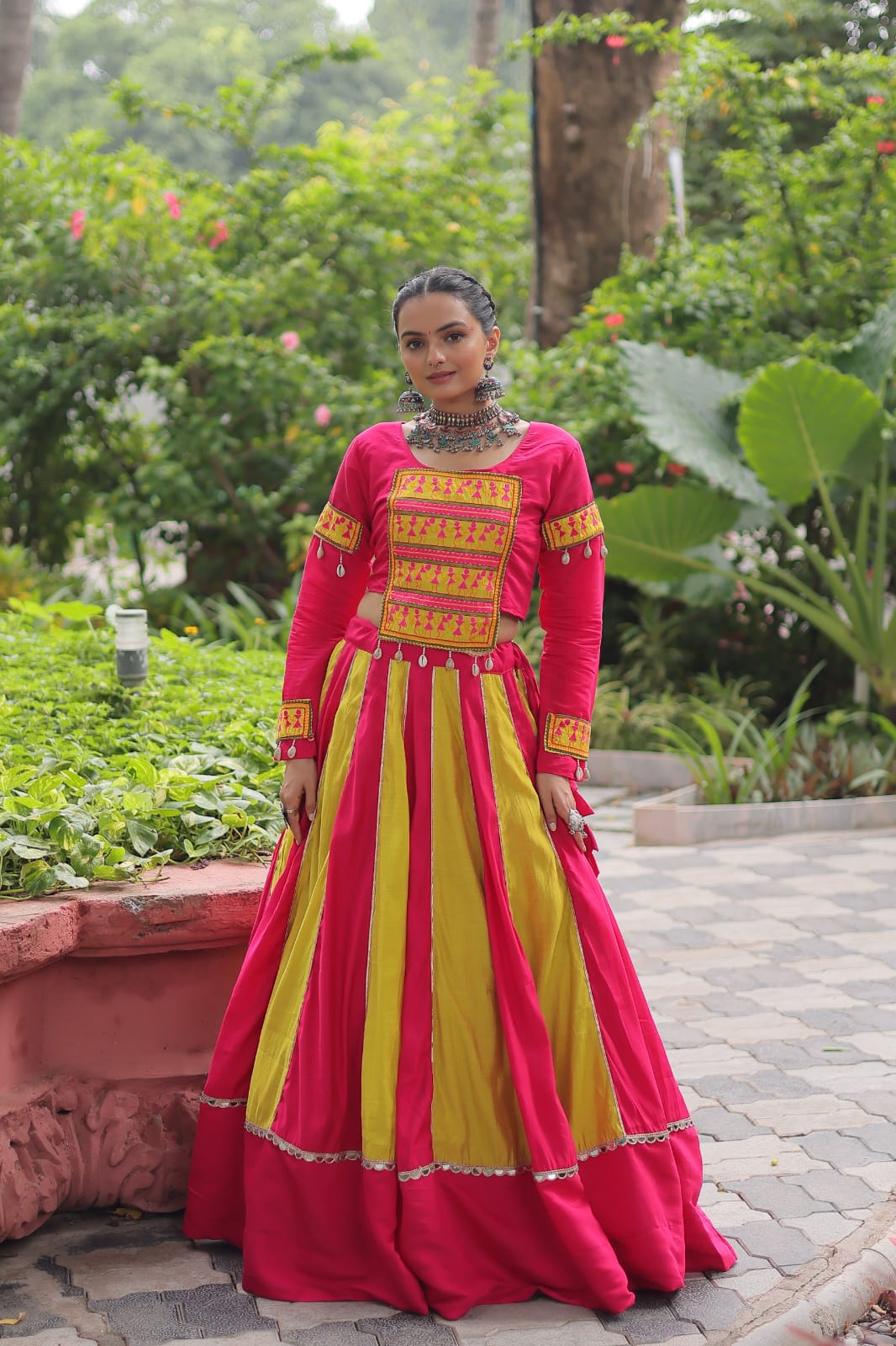 Regal Radiance: Mirror Lace Lehenga with Gamthi Embroidered Top