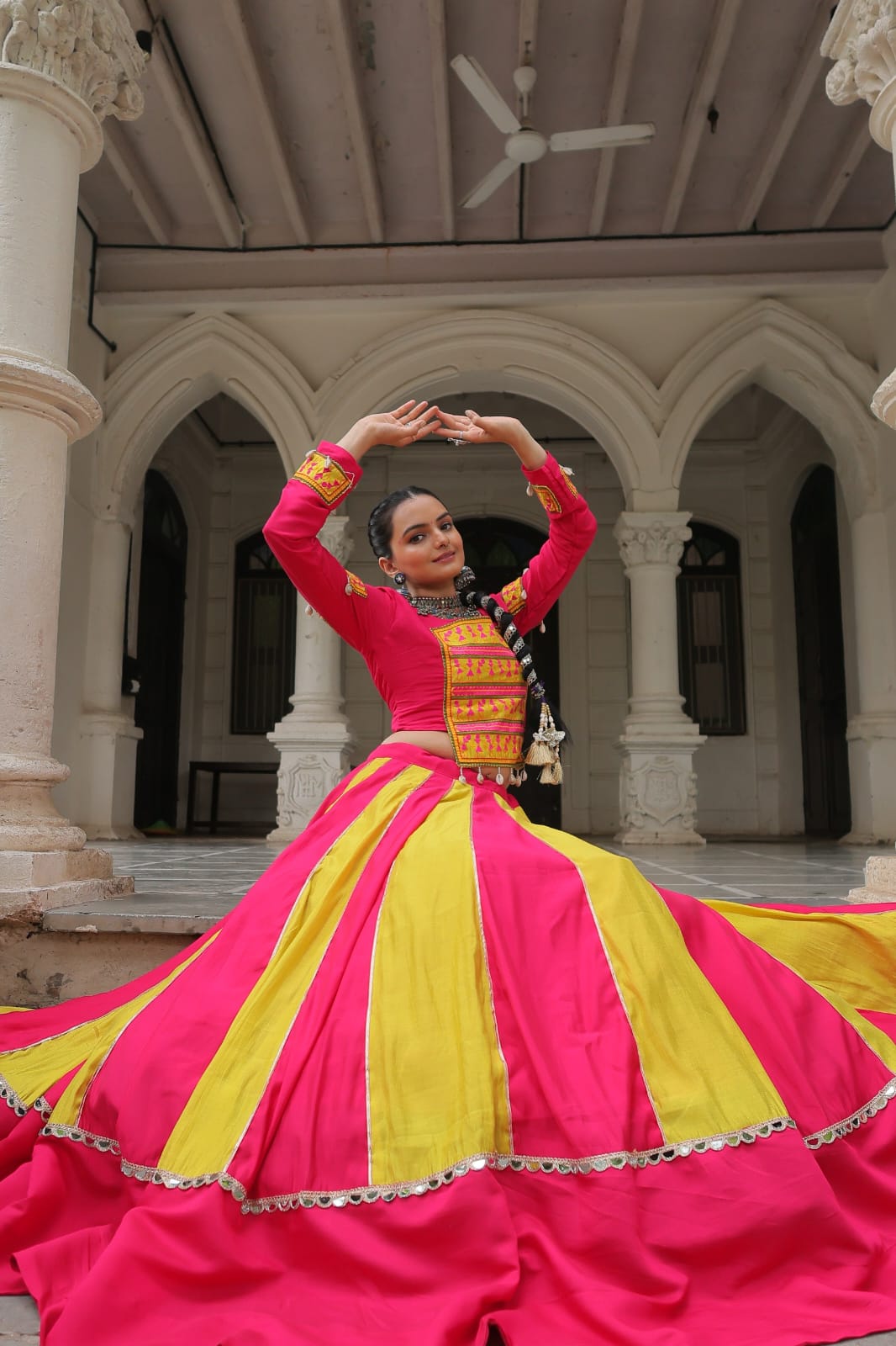 Regal Radiance: Mirror Lace Lehenga with Gamthi Embroidered Top