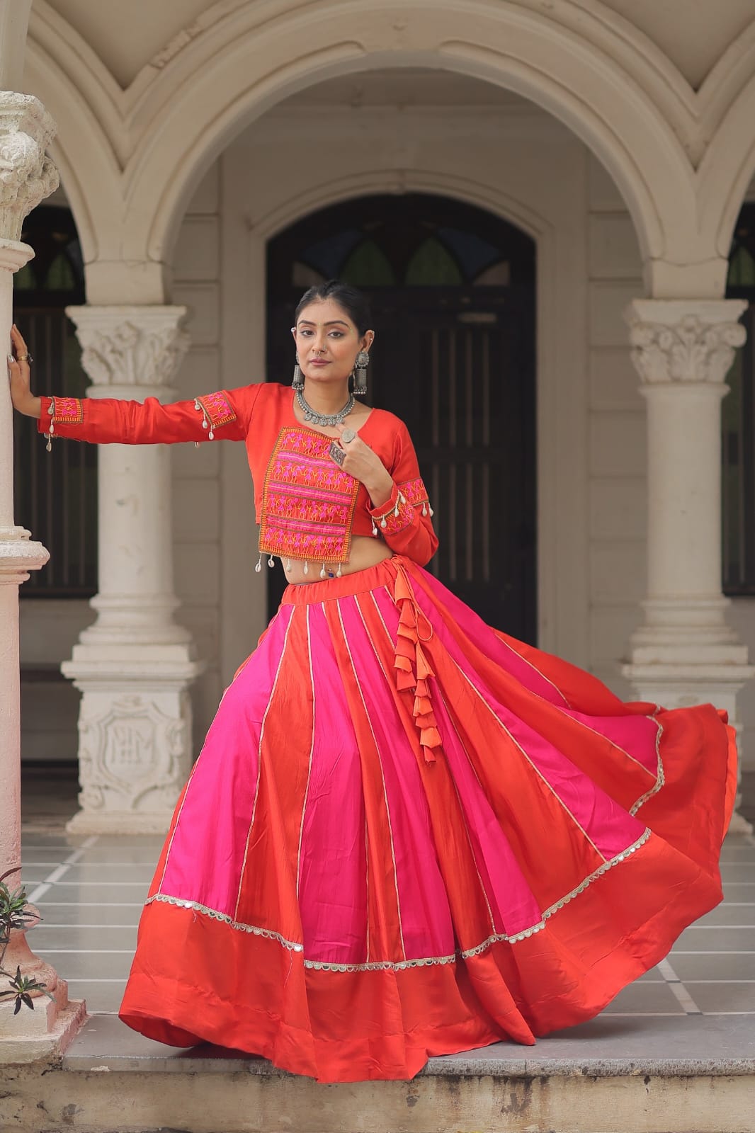 Regal Radiance: Mirror Lace Lehenga with Gamthi Embroidered Top