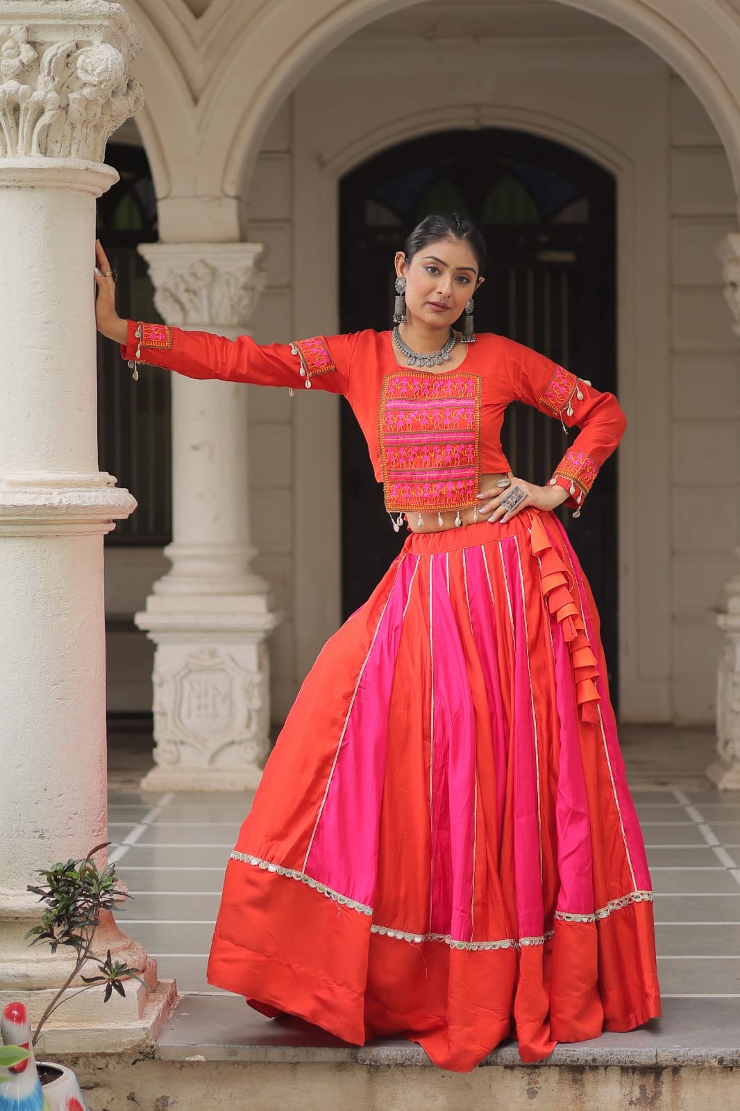 Regal Radiance: Mirror Lace Lehenga with Gamthi Embroidered Top