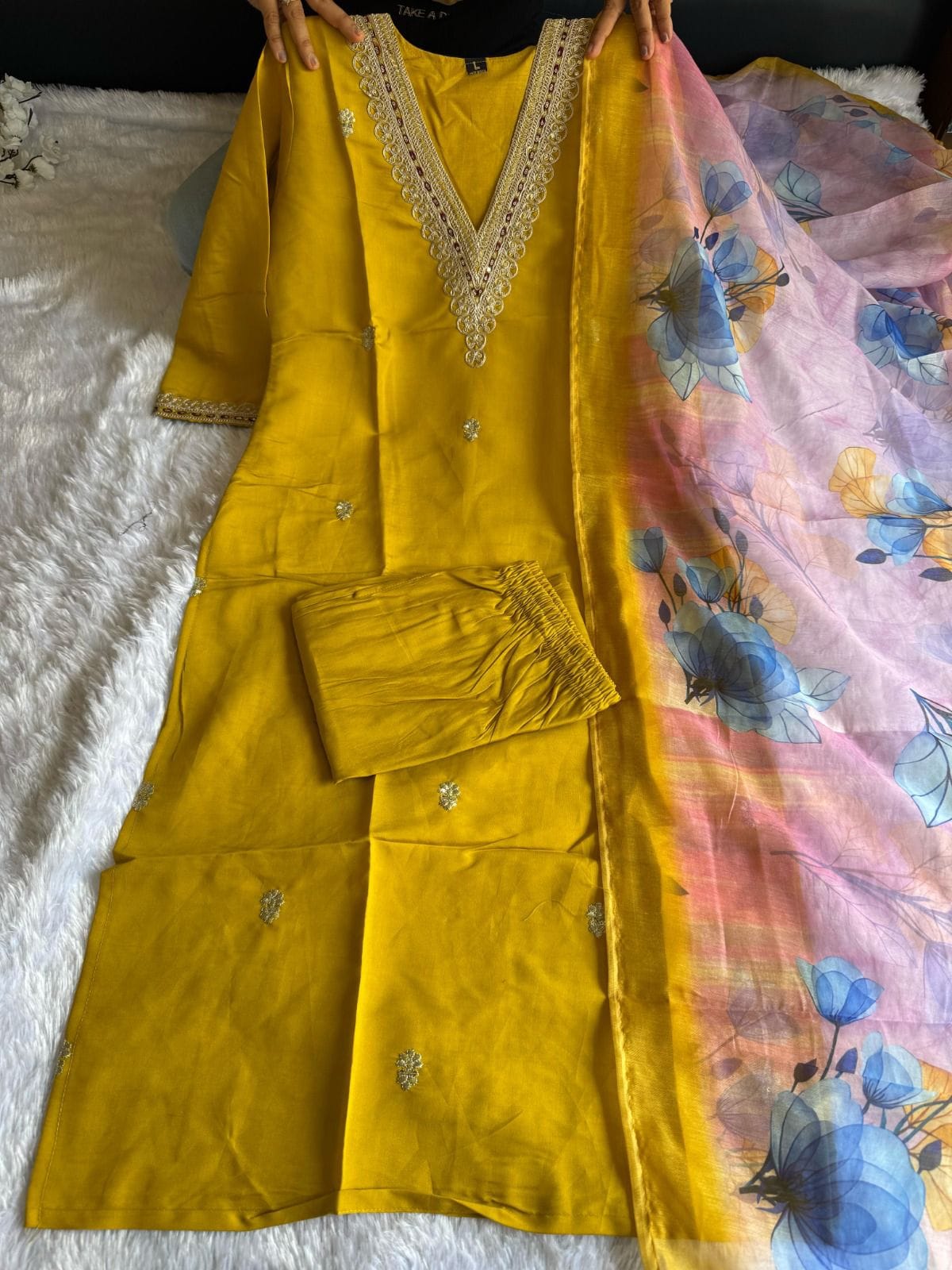 Designer Roman Silk Kurti Pant Dupatta Set with Embroidery