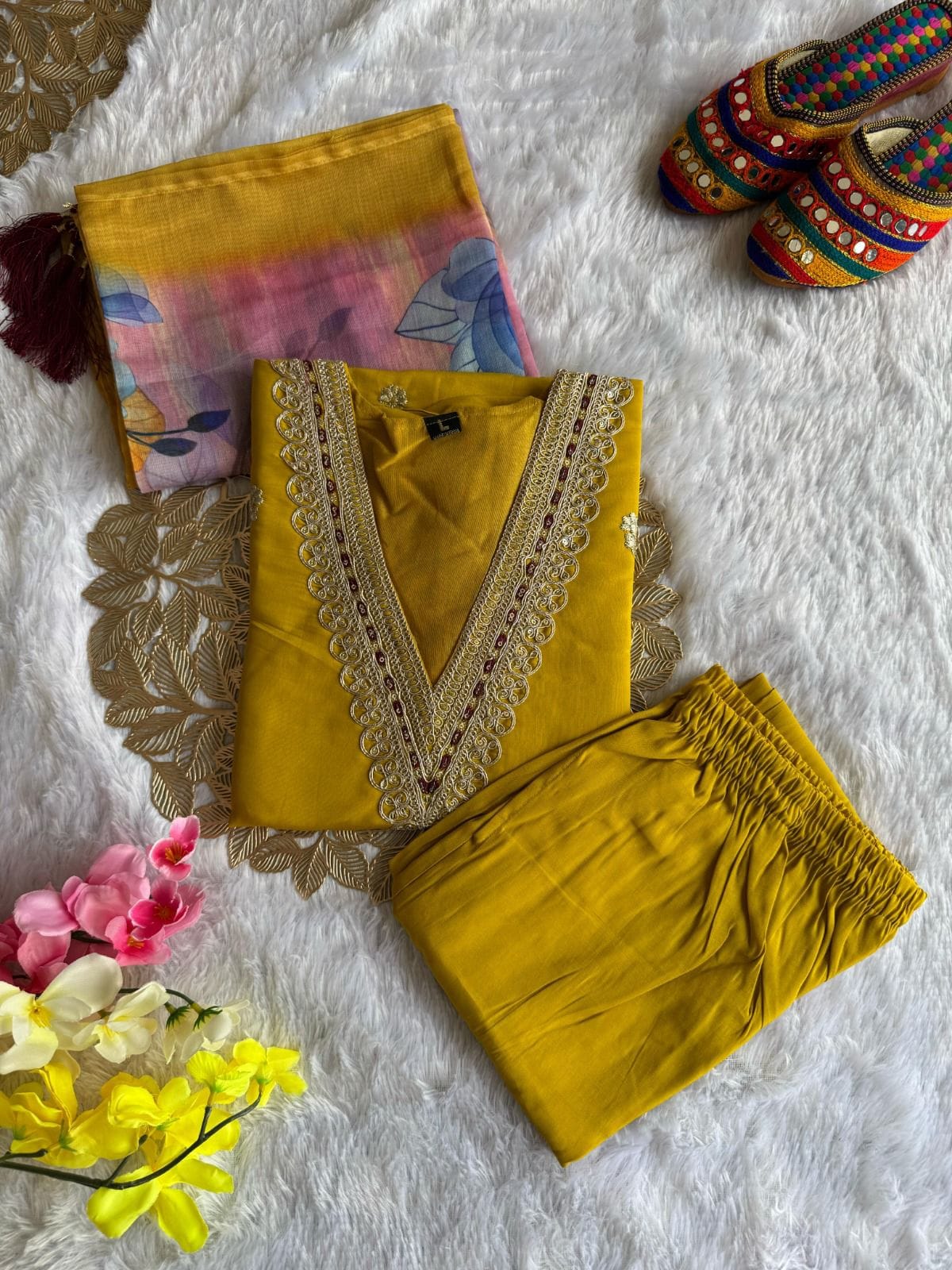 Designer Roman Silk Kurti Pant Dupatta Set with Embroidery