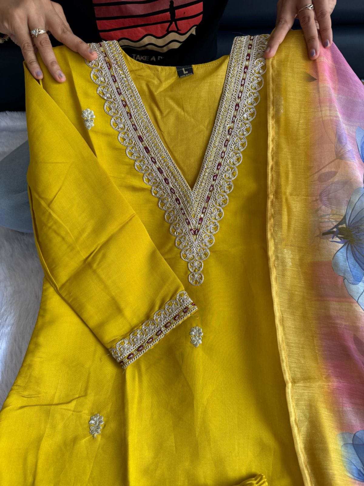 Designer Roman Silk Kurti Pant Dupatta Set with Embroidery