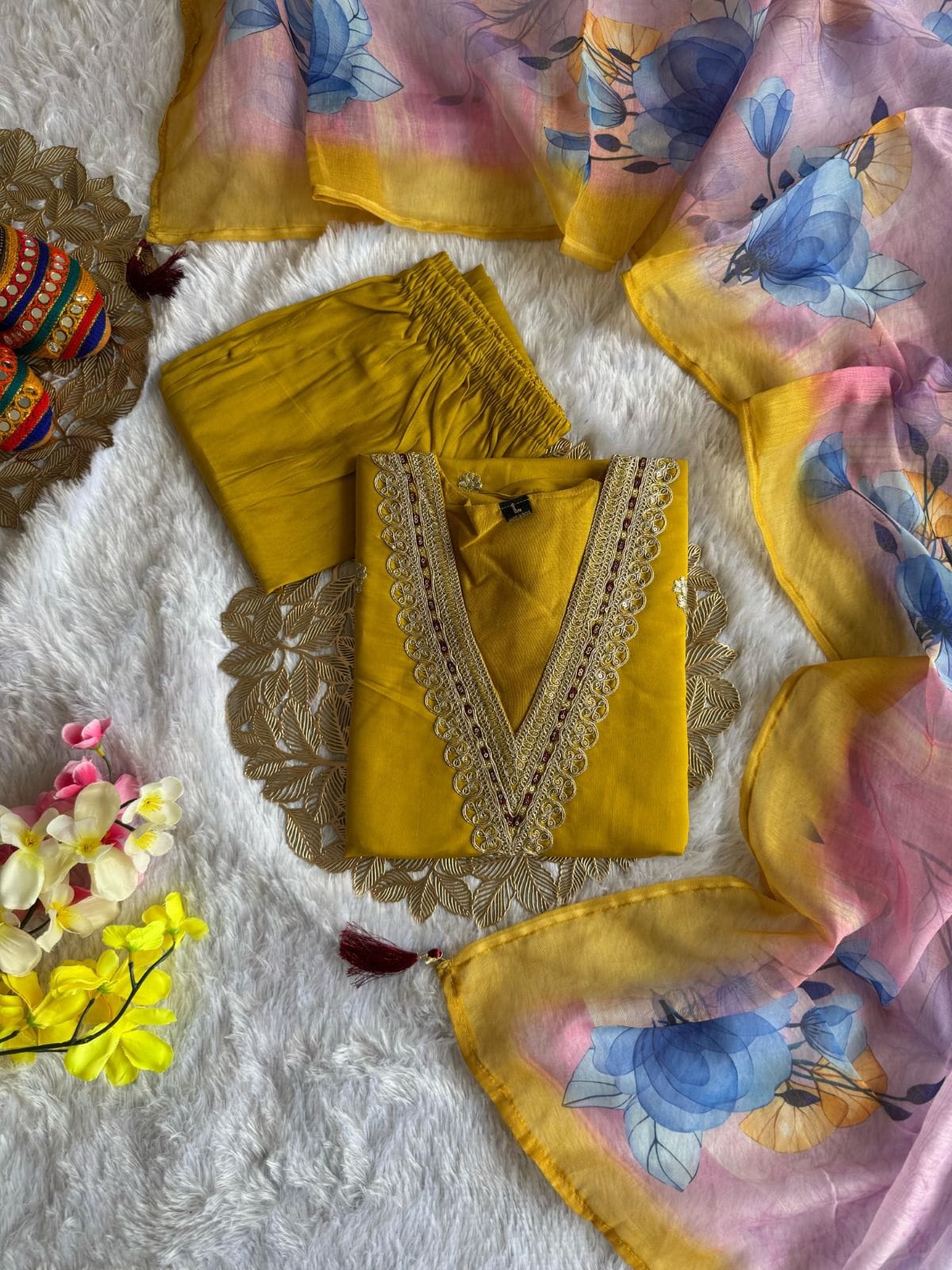 Designer Roman Silk Kurti Pant Dupatta Set with Embroidery