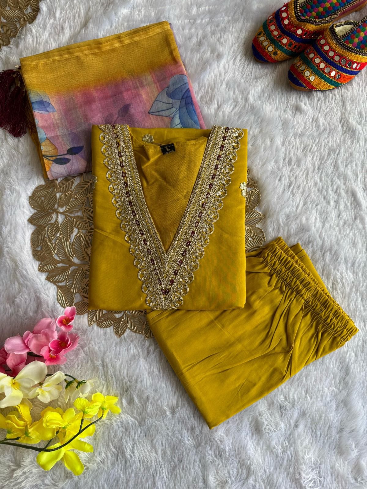 Designer Roman Silk Kurti Pant Dupatta Set with Embroidery