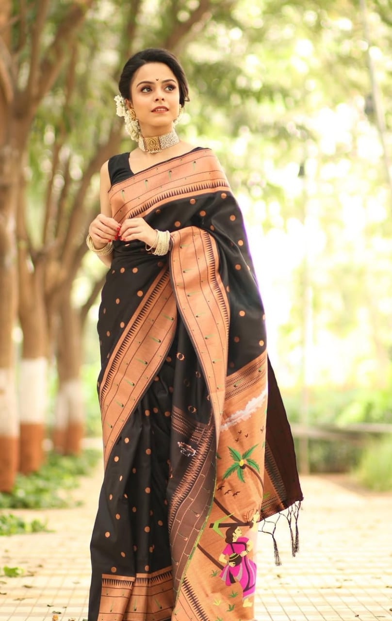 Premium Muniya Border Paithani Saree | Soft Silk with All-Over Butta & Bailgada Pallu