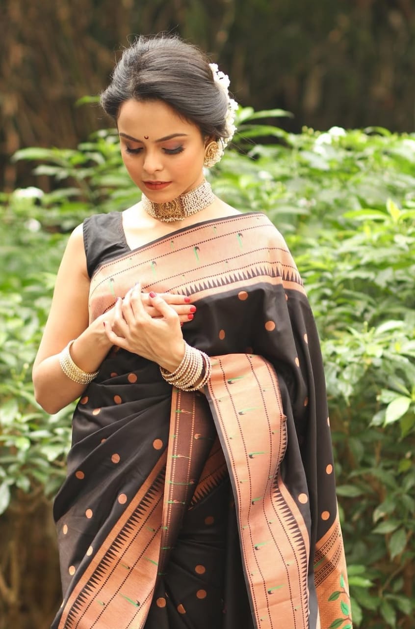 Premium Muniya Border Paithani Saree | Soft Silk with All-Over Butta & Bailgada Pallu