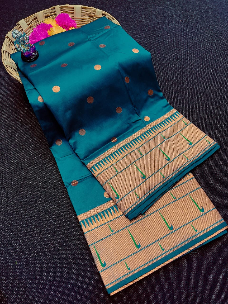 Premium Muniya Border Paithani Saree | Soft Silk with All-Over Butta & Bailgada Pallu