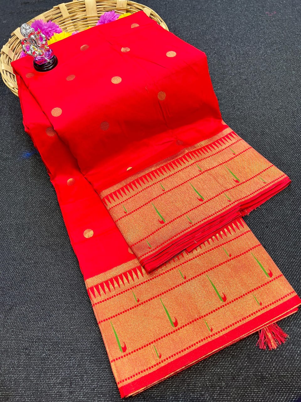 Premium Muniya Border Paithani Saree | Soft Silk with All-Over Butta & Bailgada Pallu