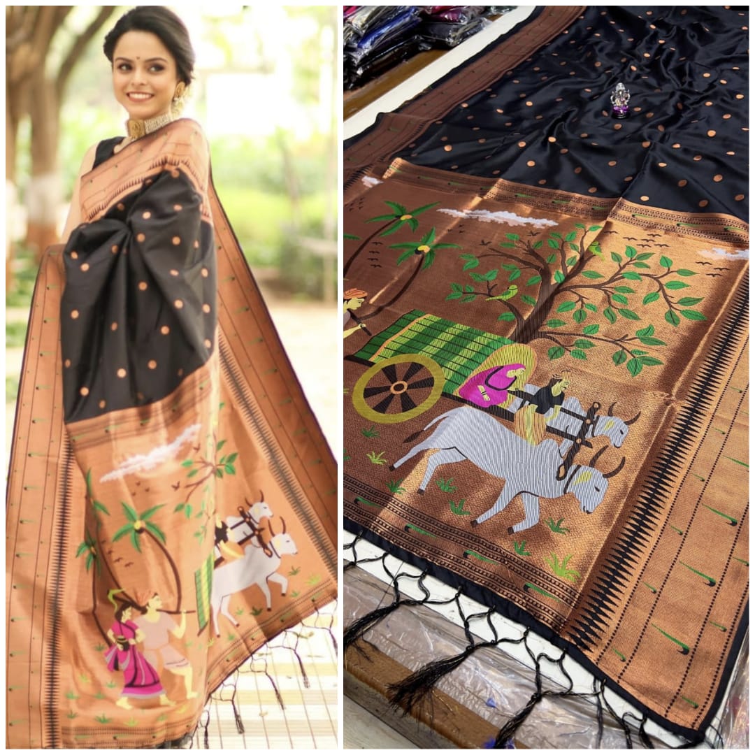 Premium Muniya Border Paithani Saree | Soft Silk with All-Over Butta & Bailgada Pallu