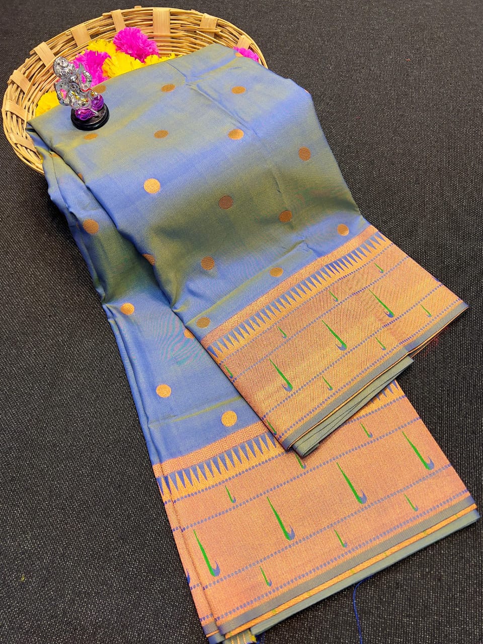 Premium Muniya Border Paithani Saree | Soft Silk with All-Over Butta & Bailgada Pallu
