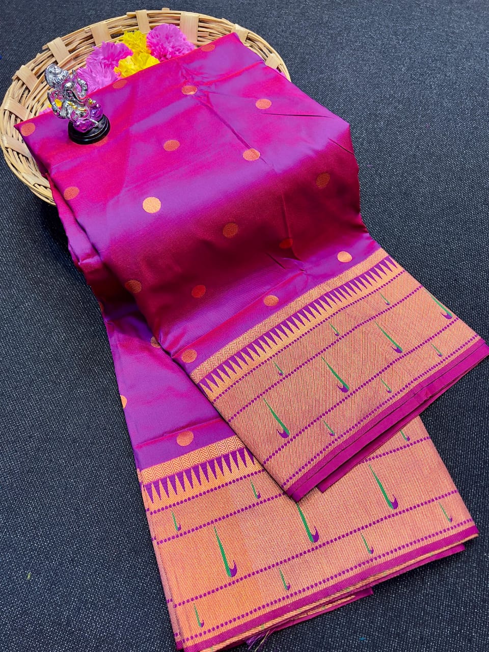 Premium Muniya Border Paithani Saree | Soft Silk with All-Over Butta & Bailgada Pallu